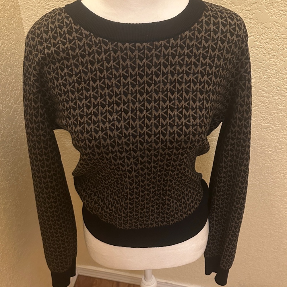 Michael Kors Black and Brown Logo Jacquard Sweater